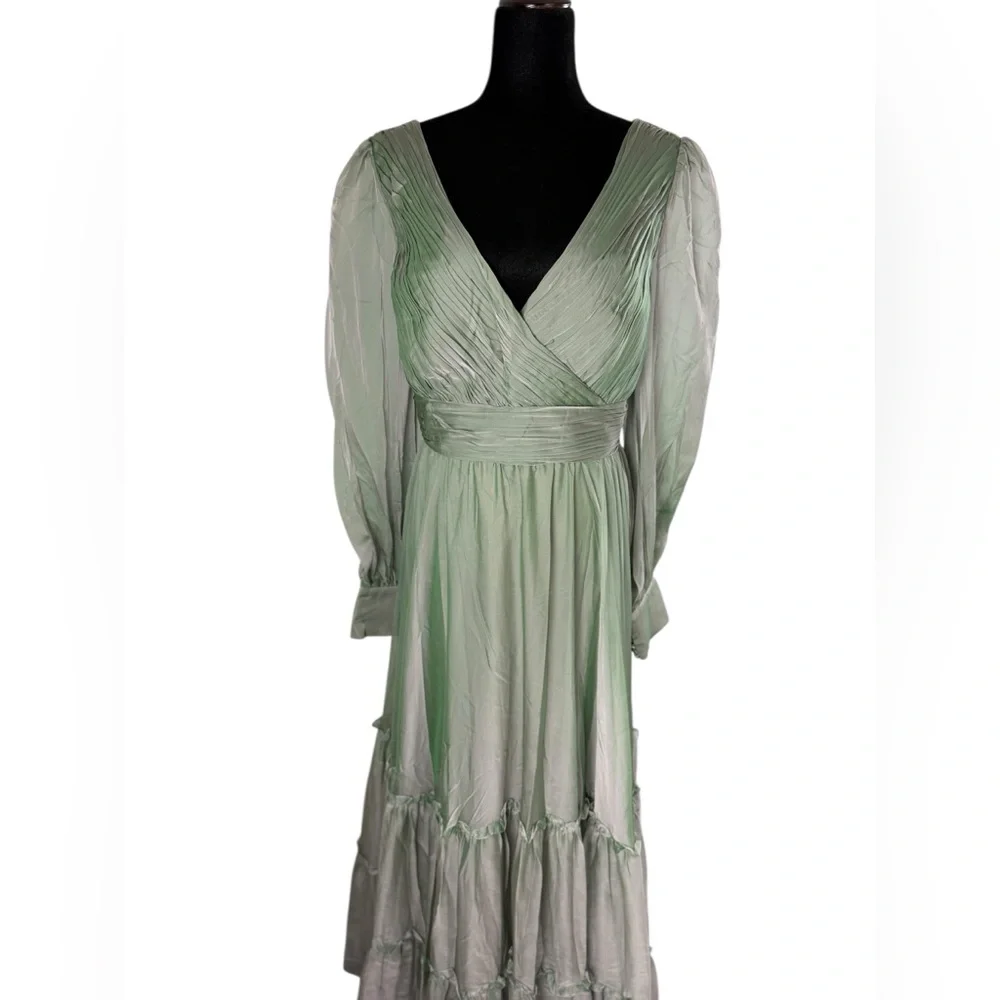 Mac Duggal FAUX WRAP ILLUSION BISHOP SLEEVE TIERED GOWN Sage NWT - Picture 7 of 16